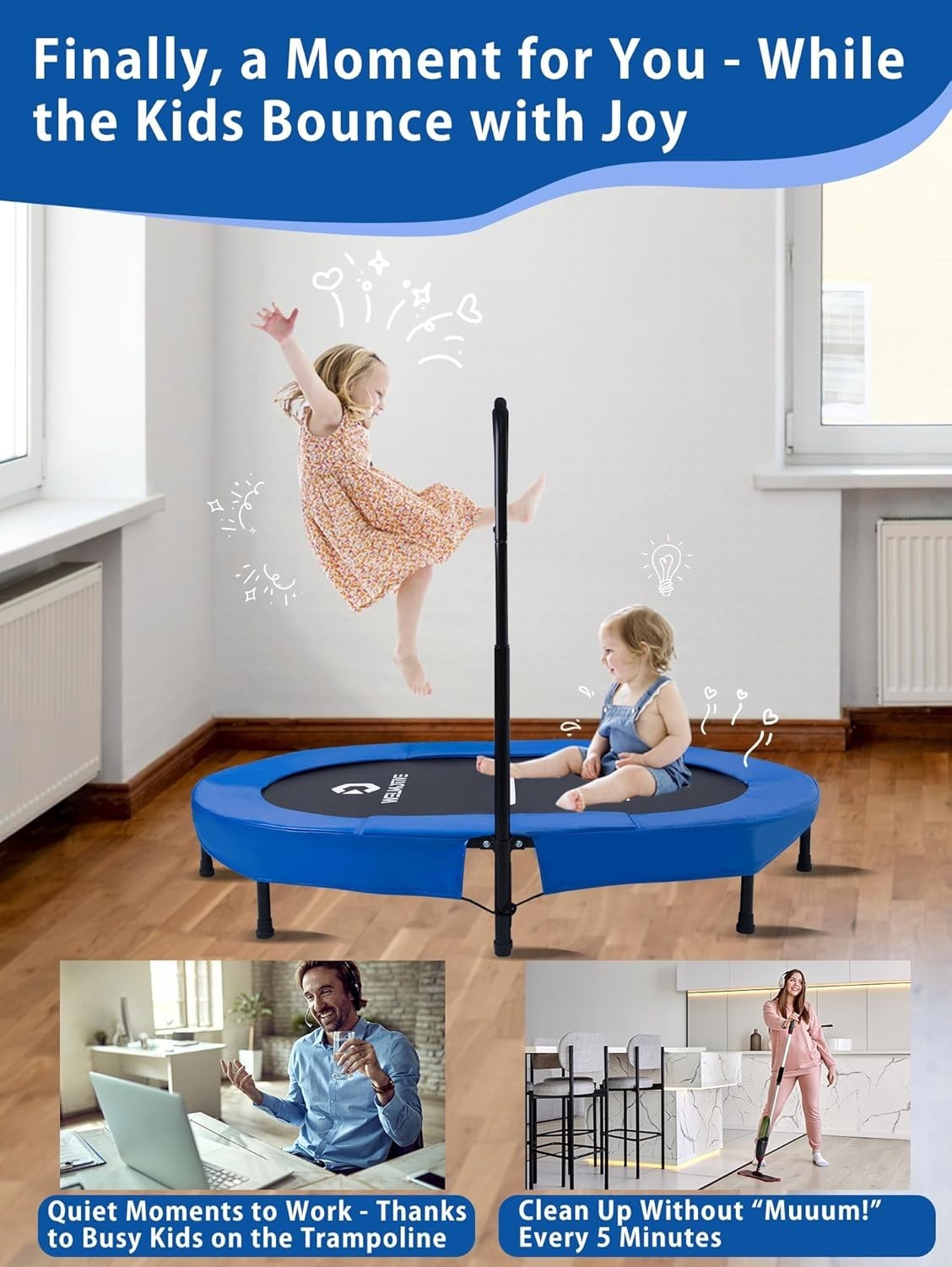 Foldable Oval Indoor Trampoline Quiet Rebounder Handle 150KG