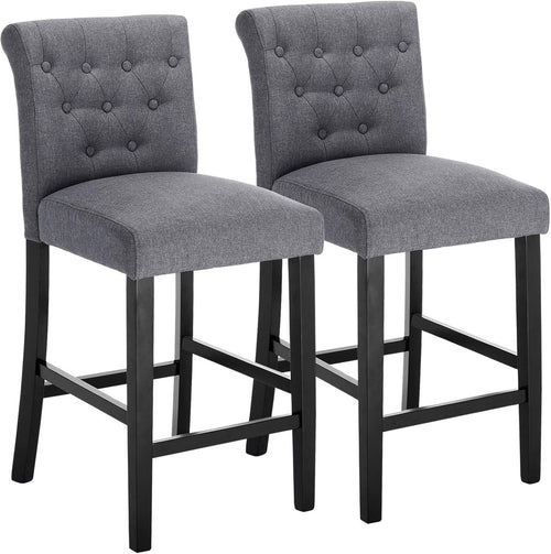 Dark Grey Linen Bar Stools Set of 2 Wooden Counter Chairs with Backrest