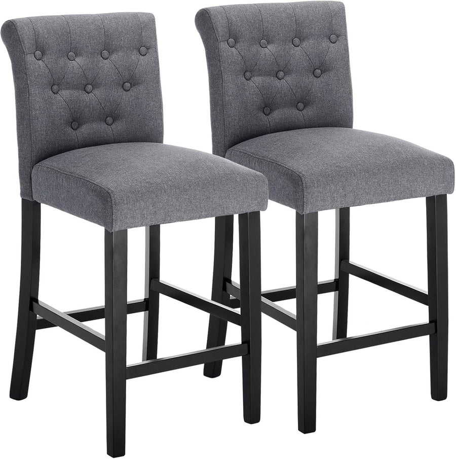 Dark Grey Linen Bar Stools Set of 2 Wooden Counter Chairs with Backrest
