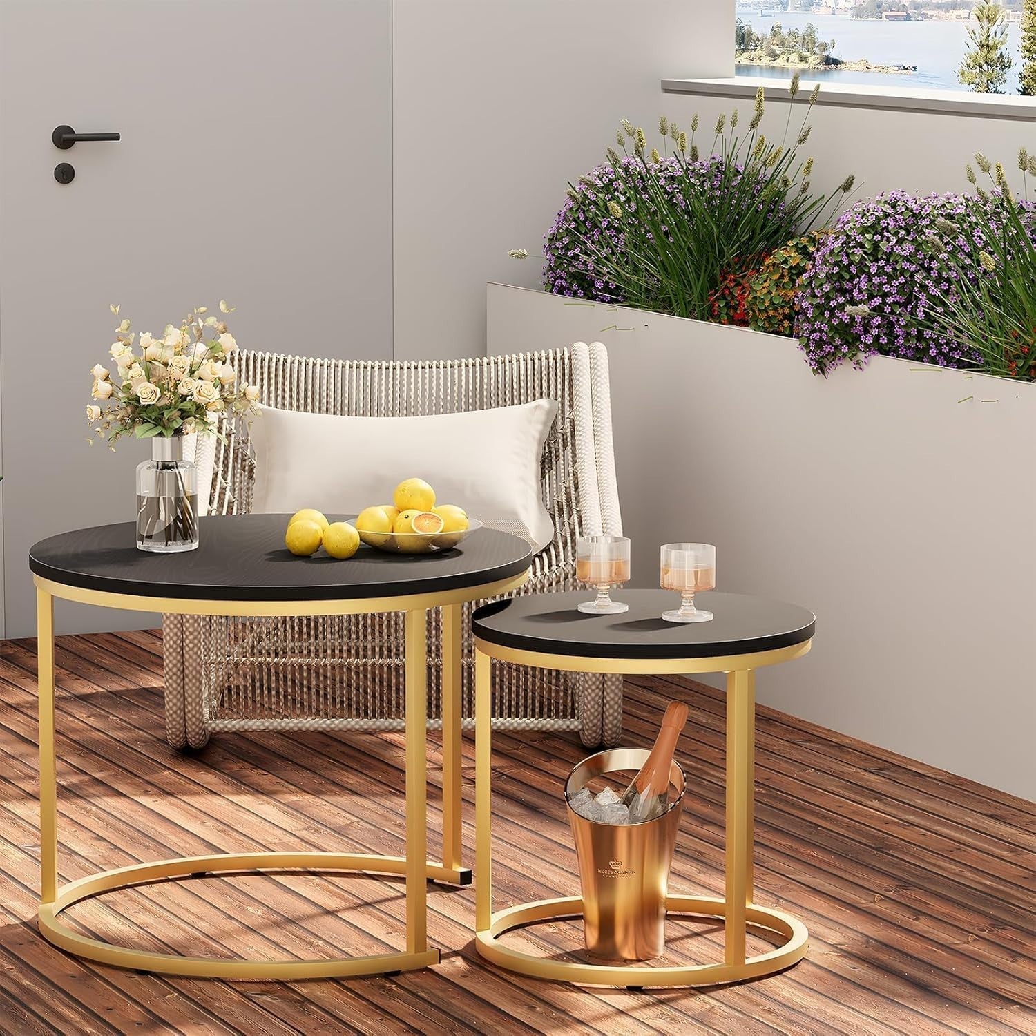 Nesting Coffee Tables Set of 2 Modern Round Black Gold Metal Side End Space Savi