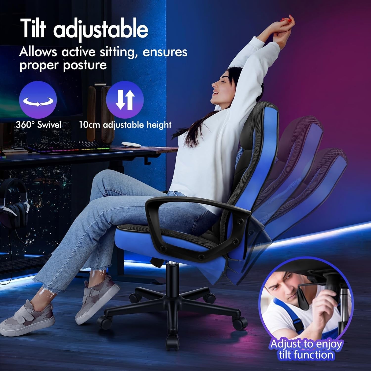 Ergonomic Gaming Chair Racing Swivel Desk Chair Mesh PU Blue