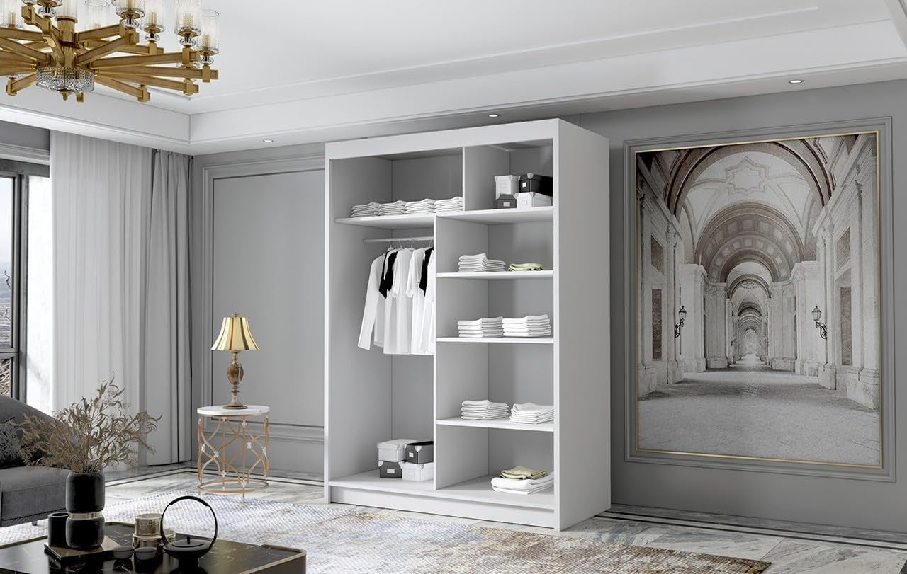 120cm Sliding Door Wardrobe Mirror Modern White Closet Storage Rail