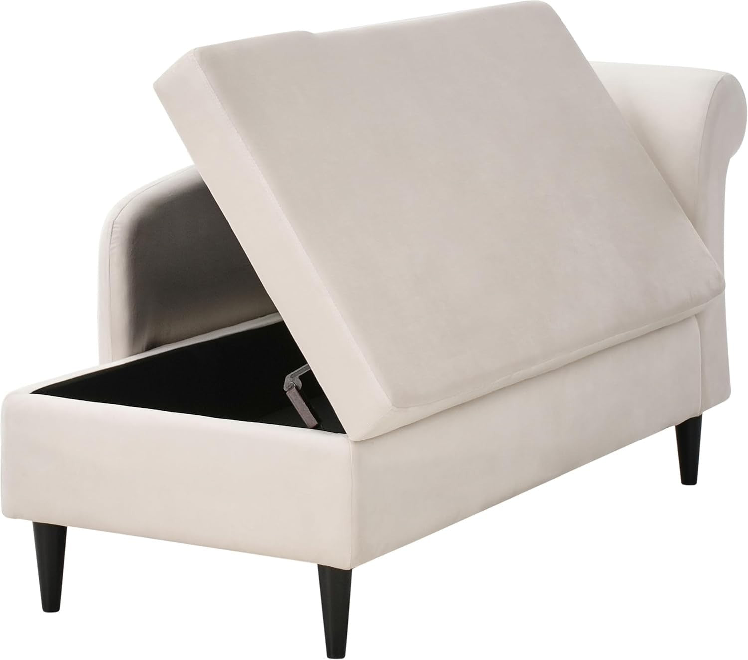 Right Hand Beige Velvet Chaise Lounge with Storage Soft Padding Wood Legs