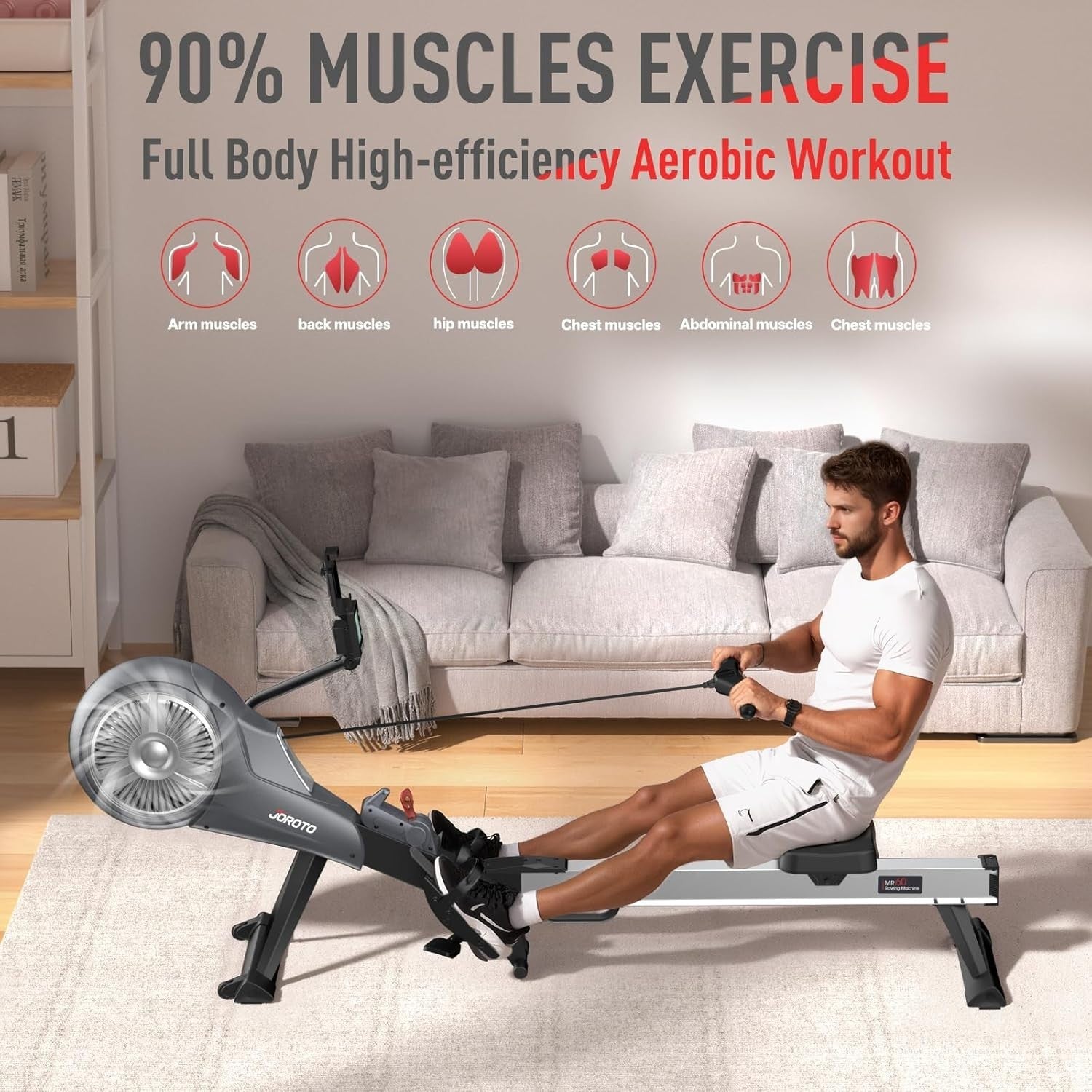 Foldable Air Magnetic Rowing Machine 10-Level Resistance Bluetooth Smart Monitor