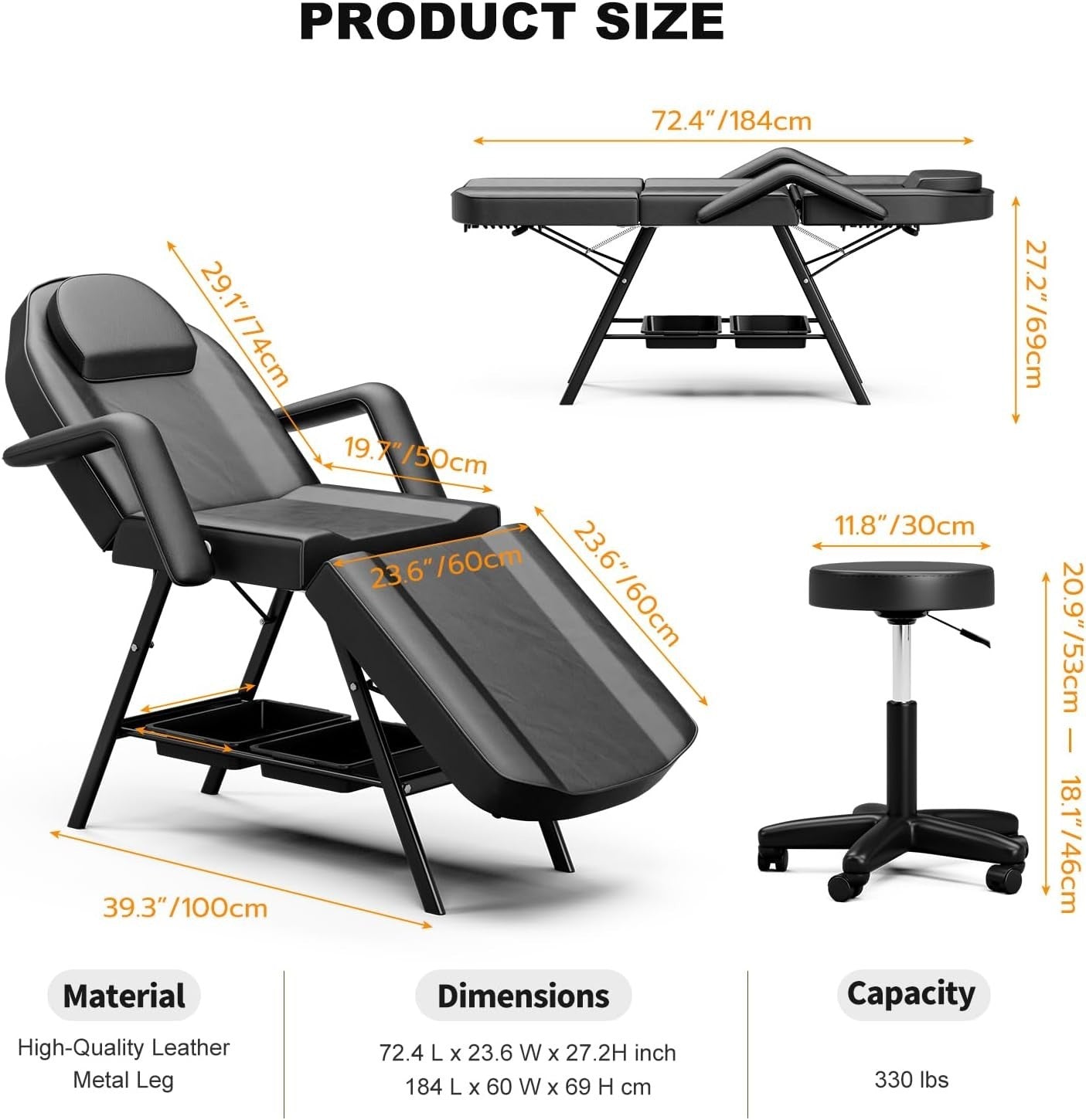 Adjustable 3-Section Beauty Massage Bed w/ Stool & Storage Shelves Black