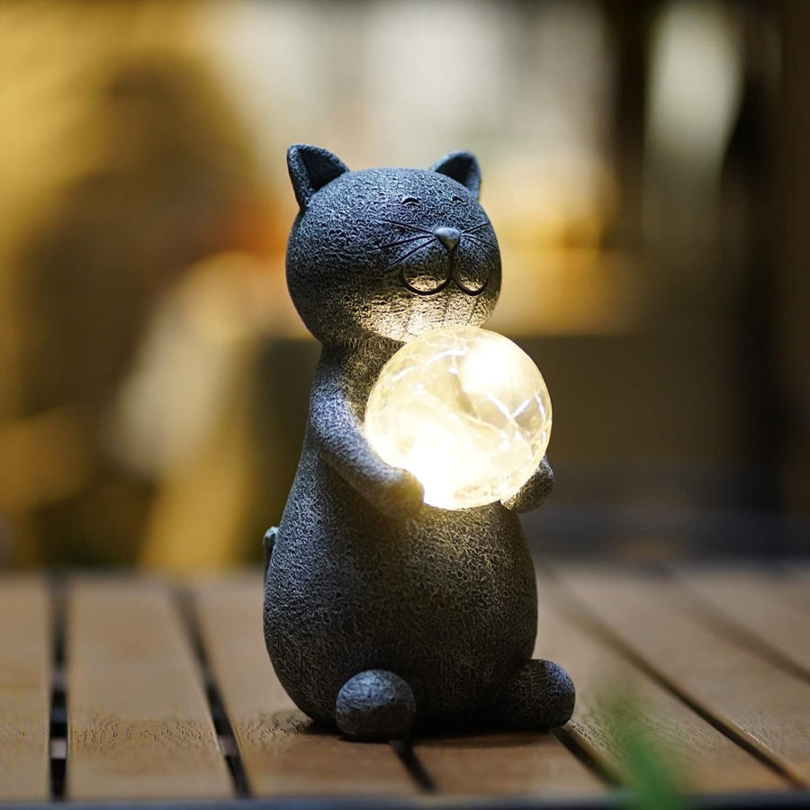 Solar Cat Garden Ornament with Glowing Ball – Waterproof Resin Decor Light