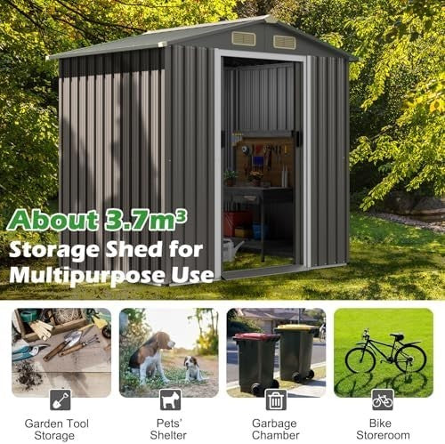 6x4FT Metal Garden Shed Outdoor Storage House Lockable Sliding Doors Grey