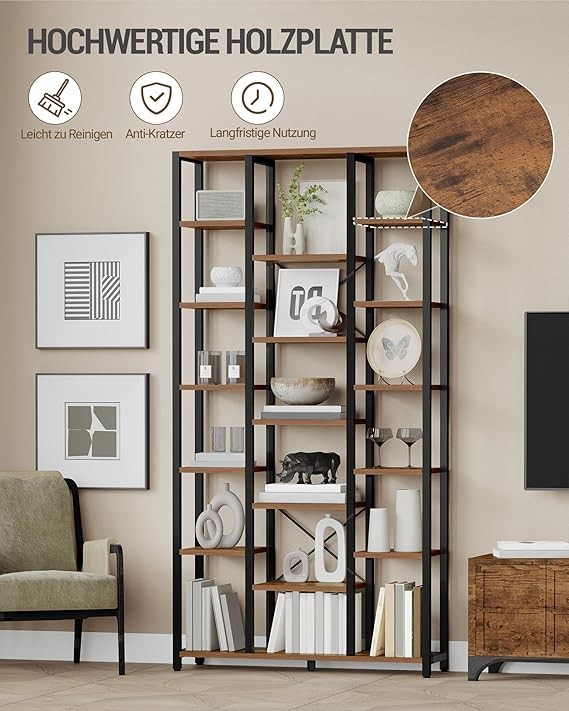 Tall 6 Tier Bookcase with 18 Shelves Storage Unit Rustic Brown Black 30x100x200