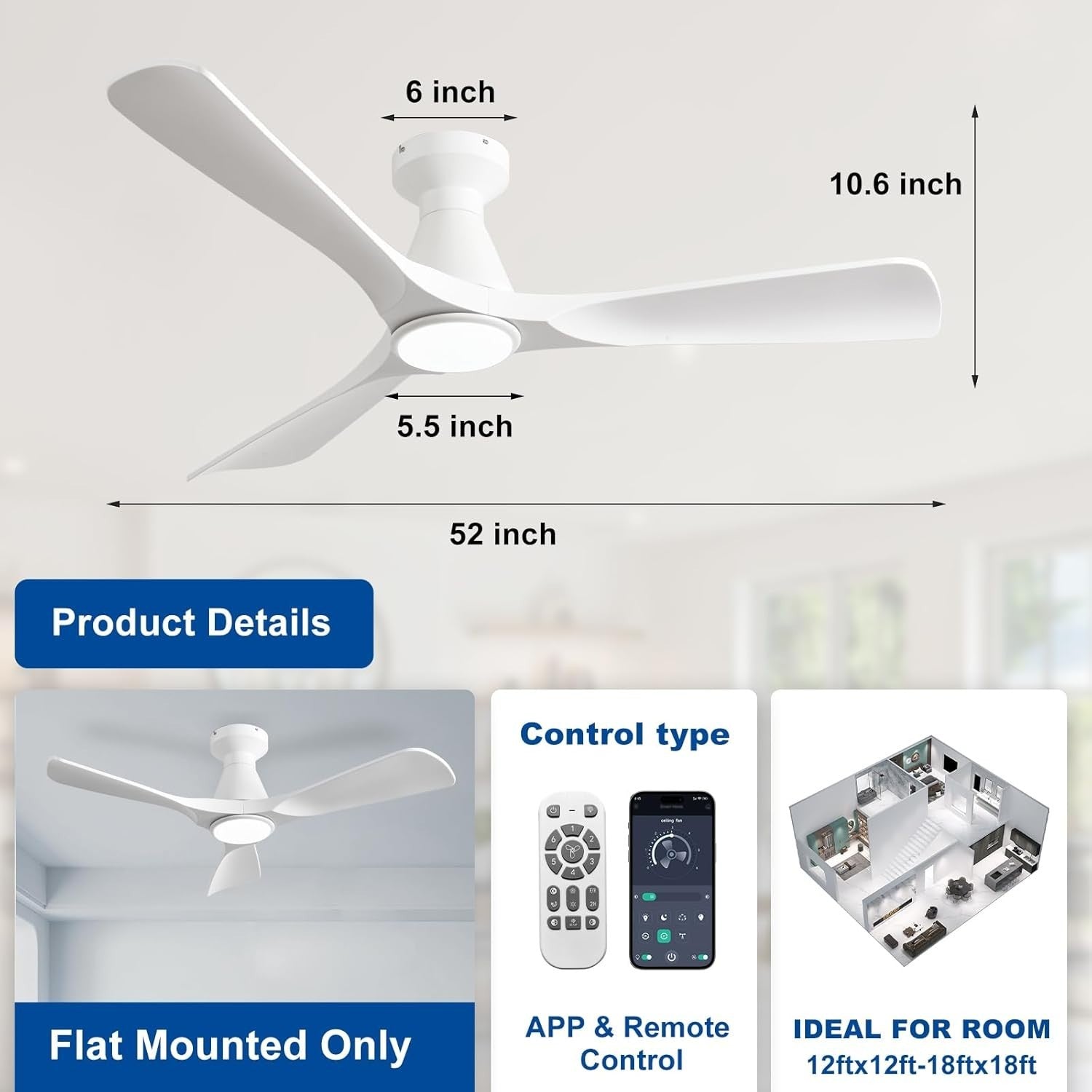 52-Inch White Ceiling Fan with Light, Quiet DC Motor, Remote Control