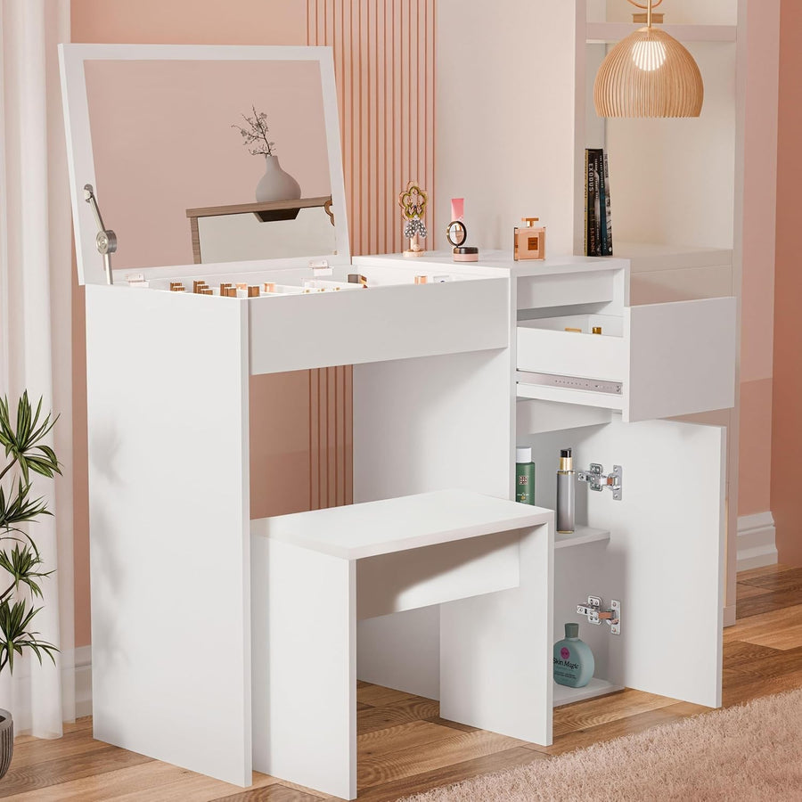2-in-1 White Vanity Dressing Table Desk with Flip Mirror, Hidden Storage, Stool