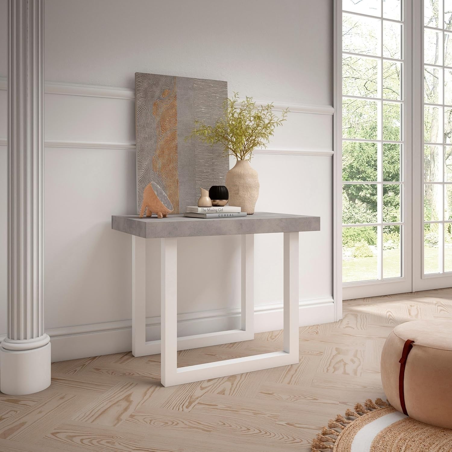 Extendable Folding Dining Table for 8, Matte White & Concrete, Solid Legs