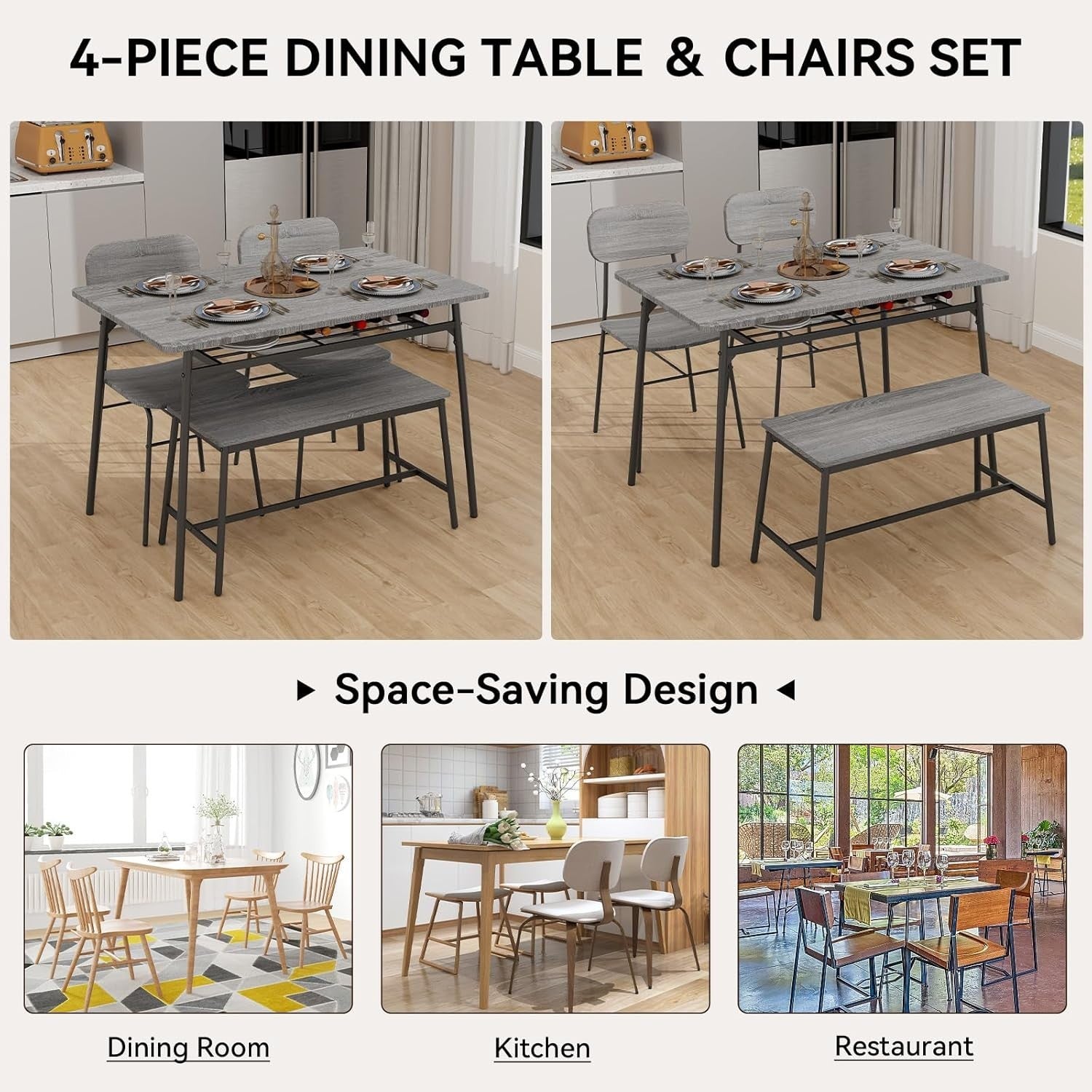 Dining Table Set with Bench & 2 Chairs | Storage Rack | Modern Grey