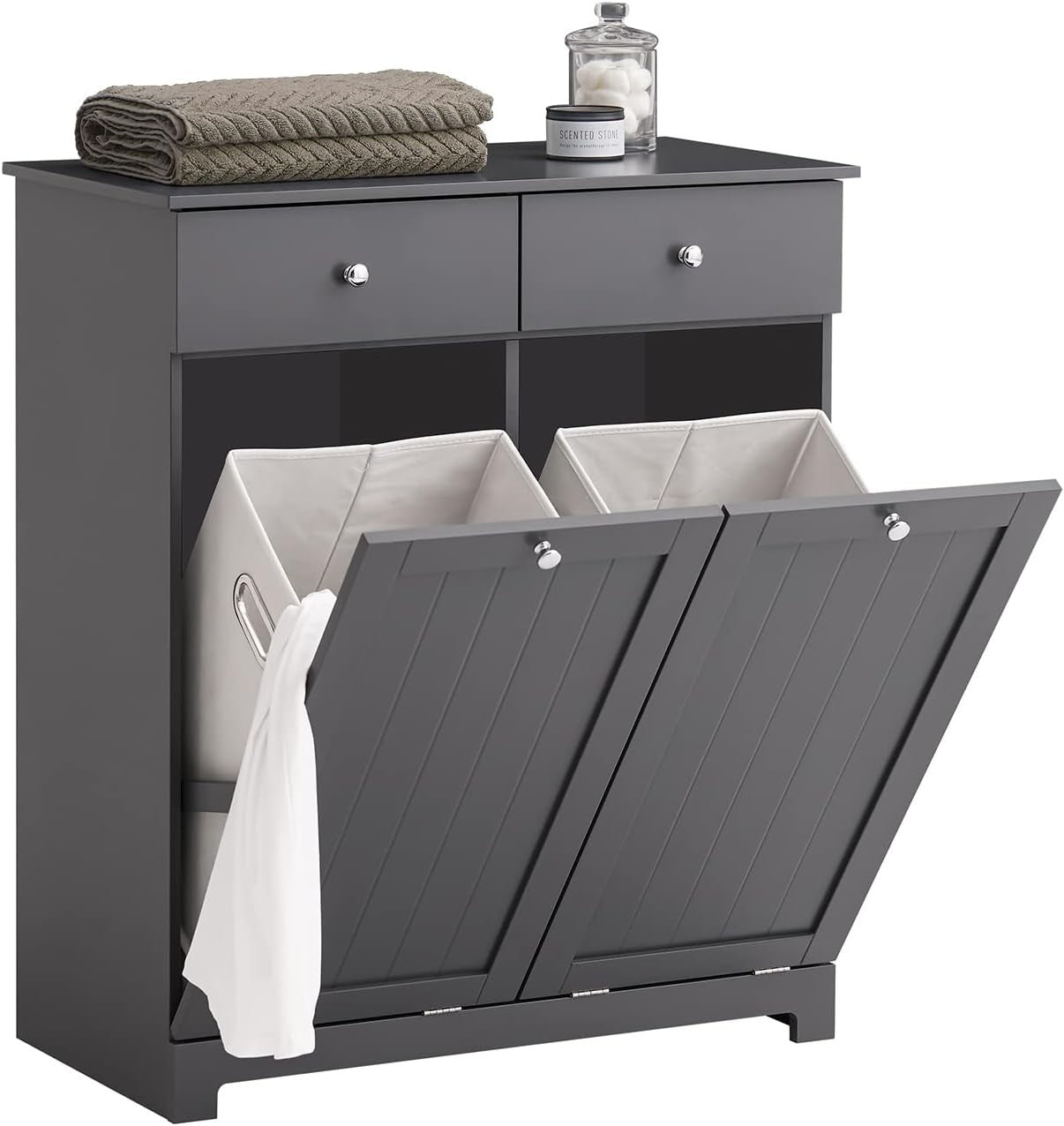 Bathroom Laundry Cabinet Storage Unit with Drawers & Baskets Grey MDF