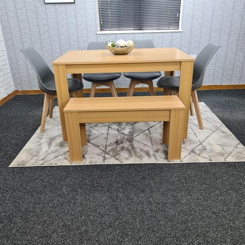 Oak Effect Dining Table Set with 4 Grey Chairs & Bench, 6 Seater Kitchen