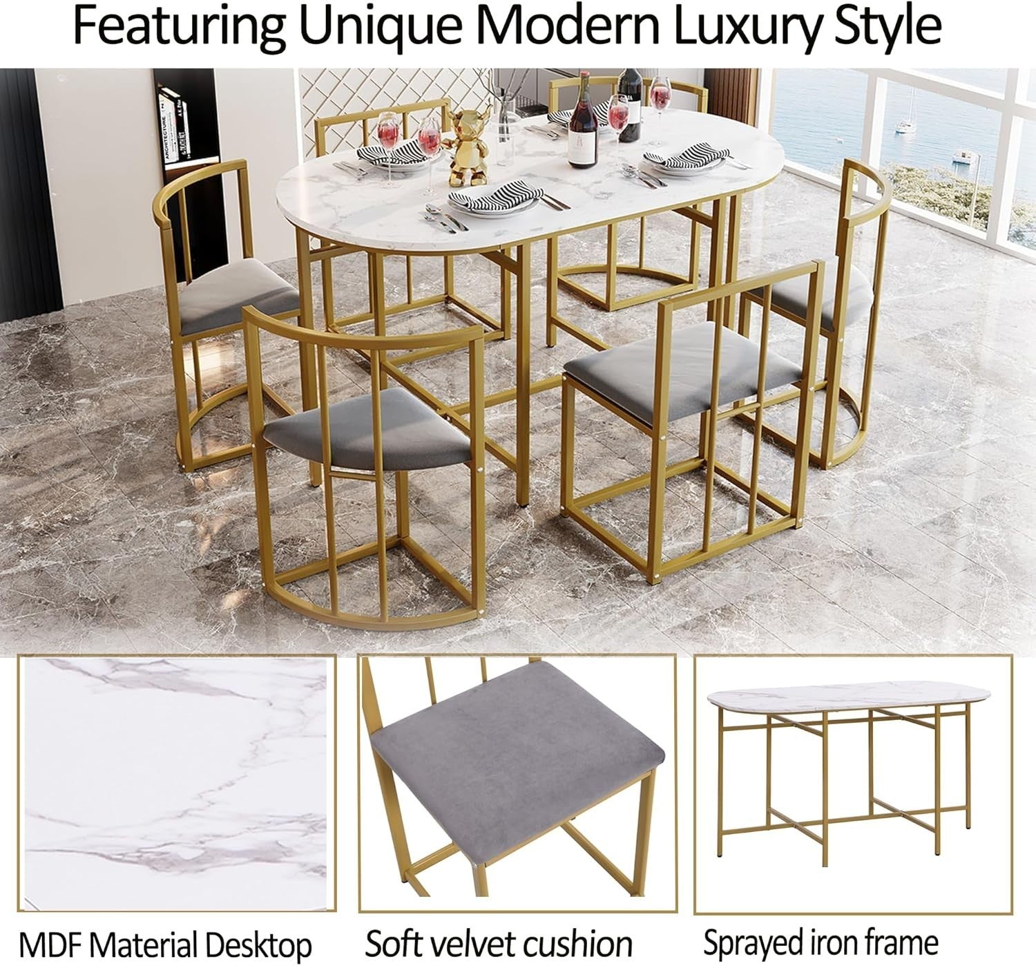 Modern Gold Dining Table & Chairs Set with Storage | 6-Seater, Cushioned Seats
