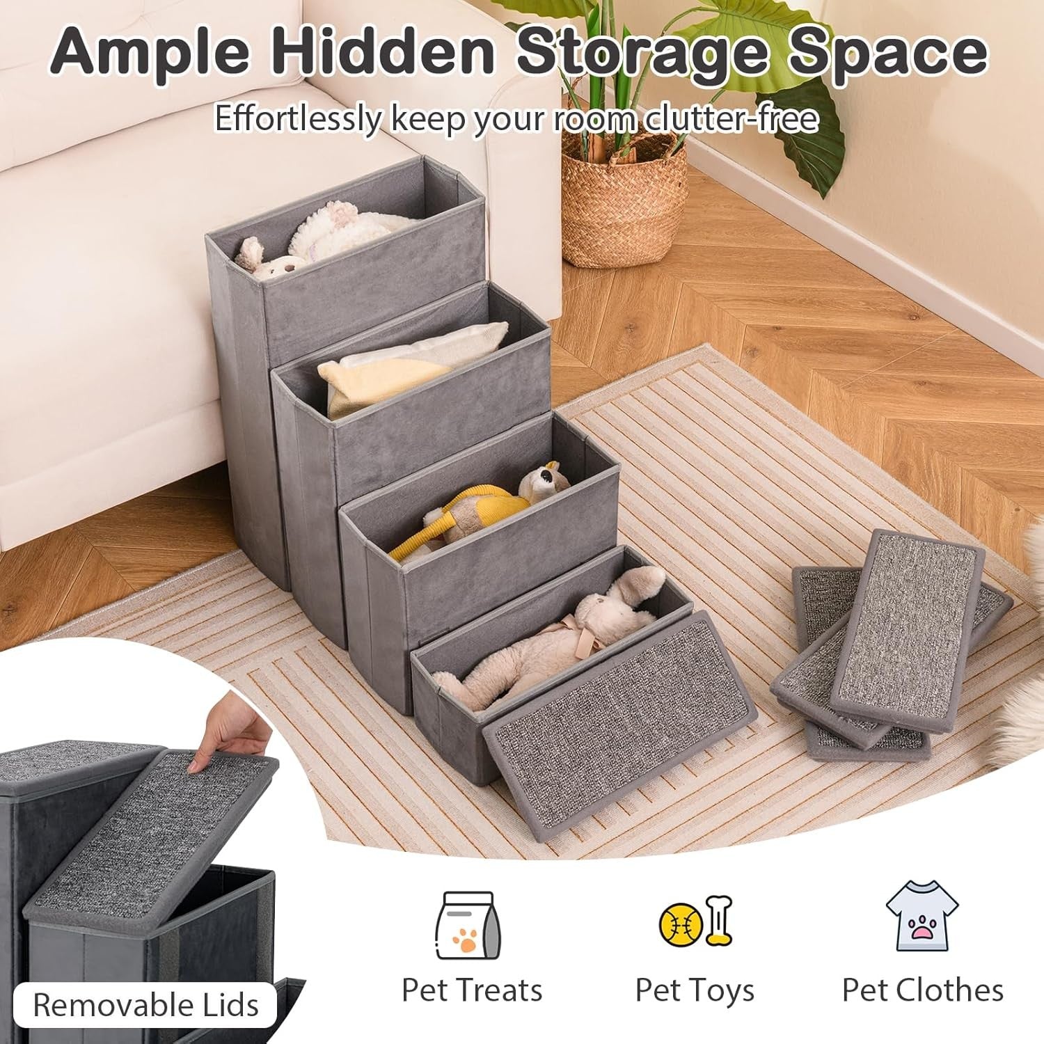 4-Step Non-Slip Dog Stairs with Storage – Grey 58 cm H