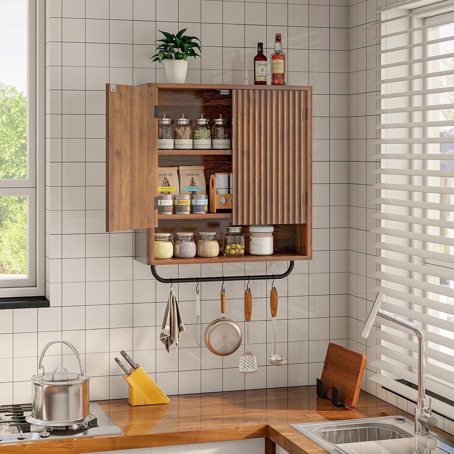 Deep Kitchen & Bathroom Wall Cabinet with Adjustable Shelves & Hooks, Walnut