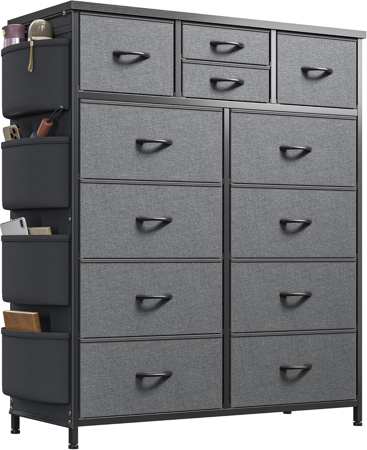 Grey 12 Drawer Tall Fabric Dresser Storage Cabinet w/Side Pockets Bedroom