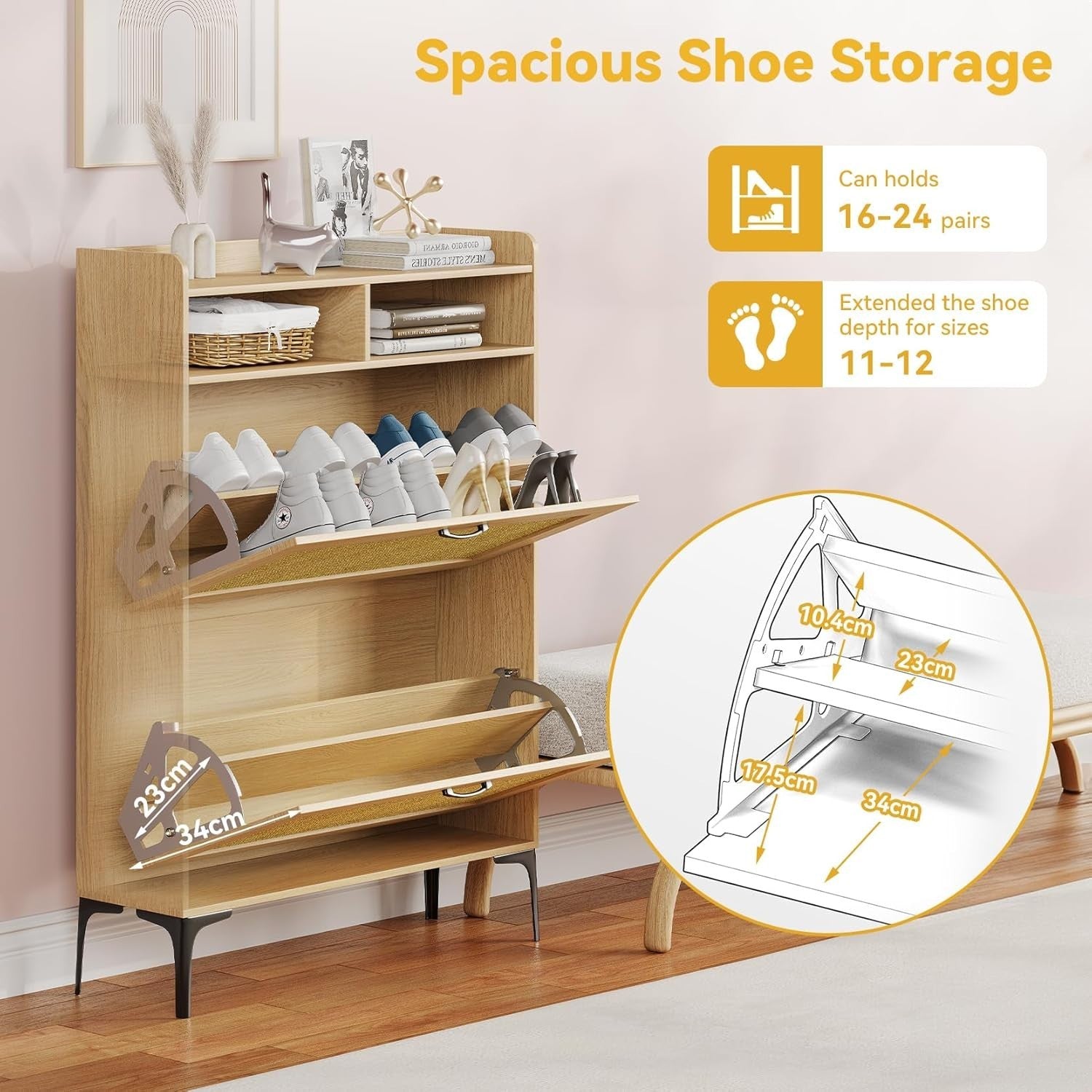 Rattan Oak Shoe Cabinet | Slim 2 Drawer Storage Unit with Open Shelves 80x24x114