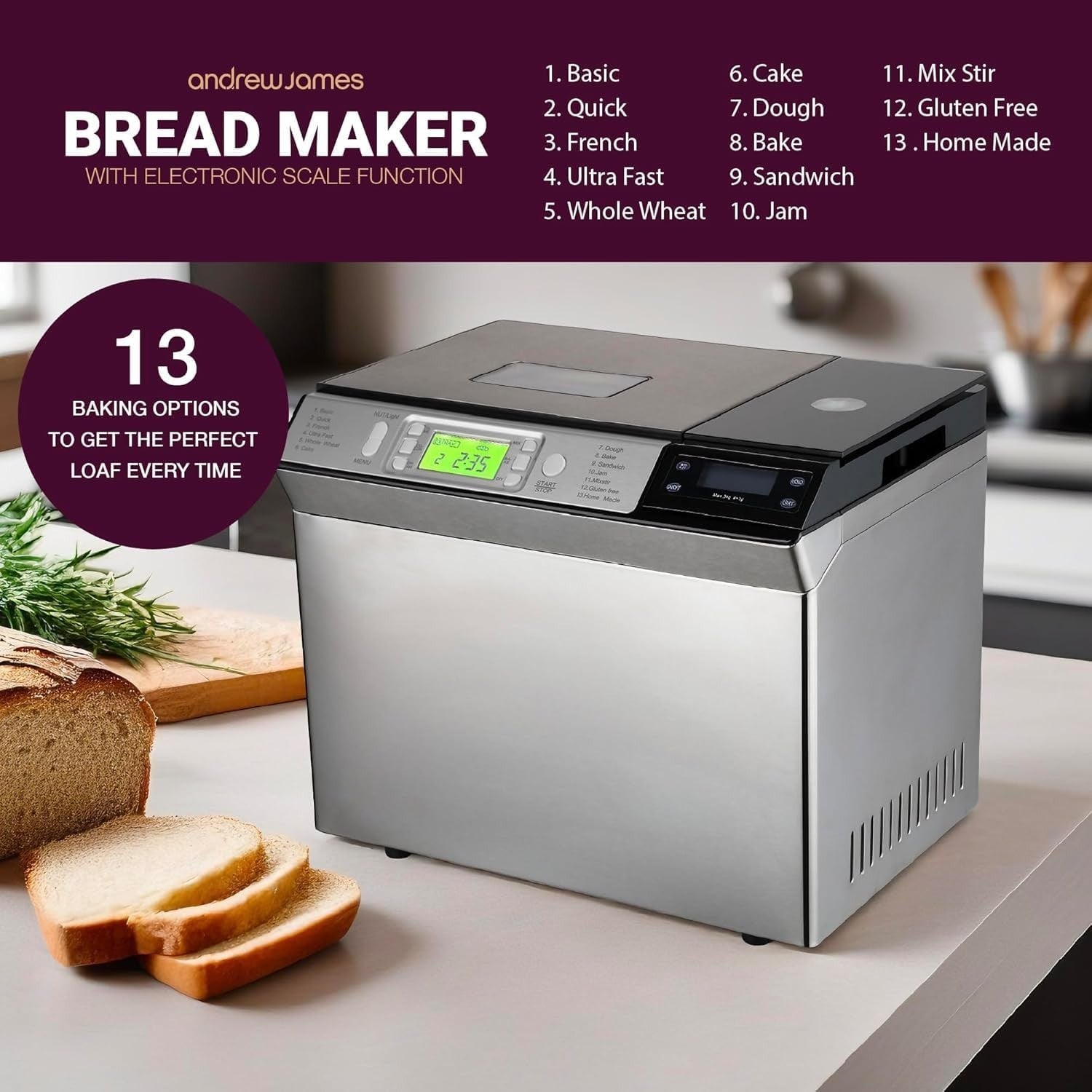 13-in-1 Bread Maker Machine Gluten-Free Auto Dispenser Crust Control Silver