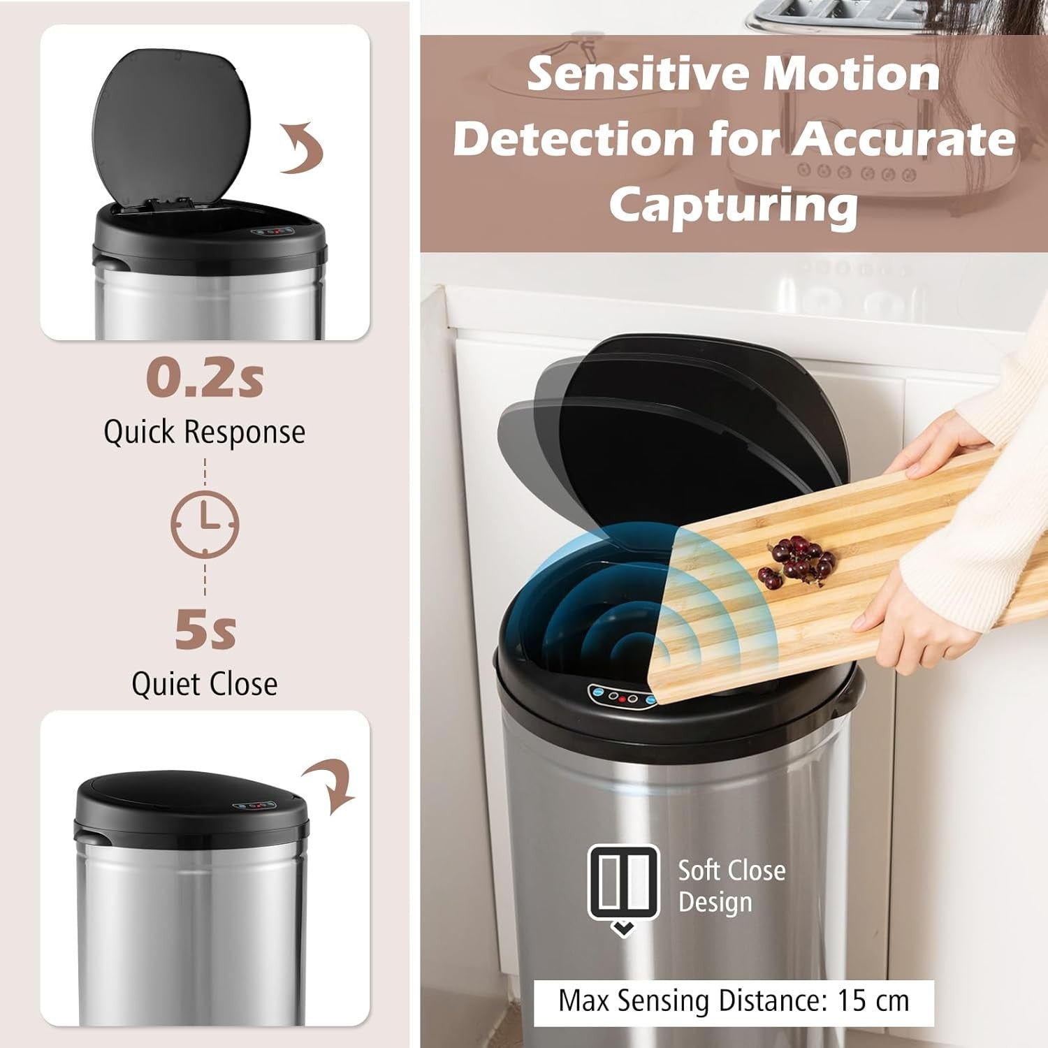 30L Automatic Kitchen Bin Touchless Sensor Soft Close Steel