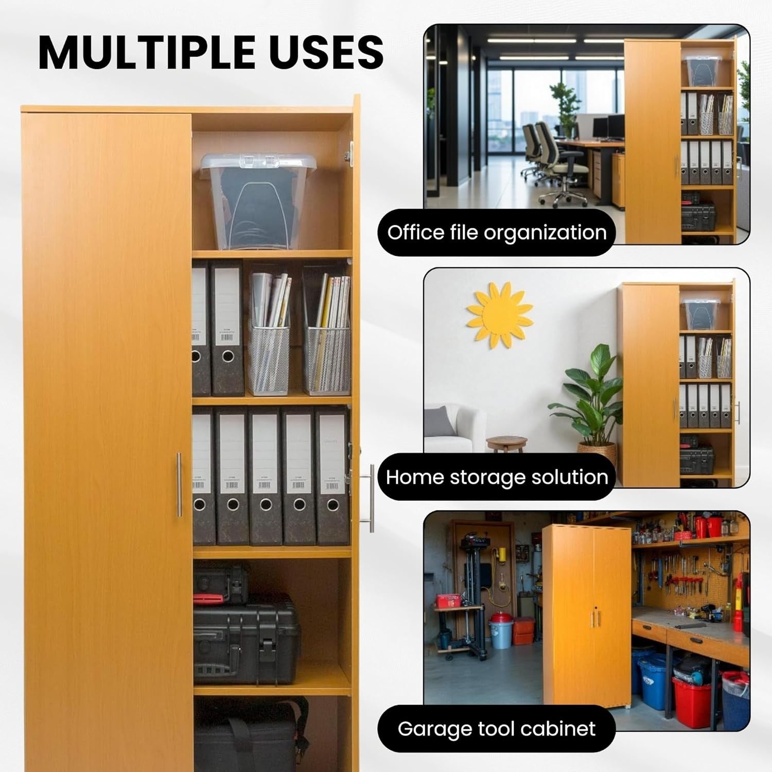 Tall Beech Storage Cupboard 2 Door Lockable Cabinet with 4 Shelves Office