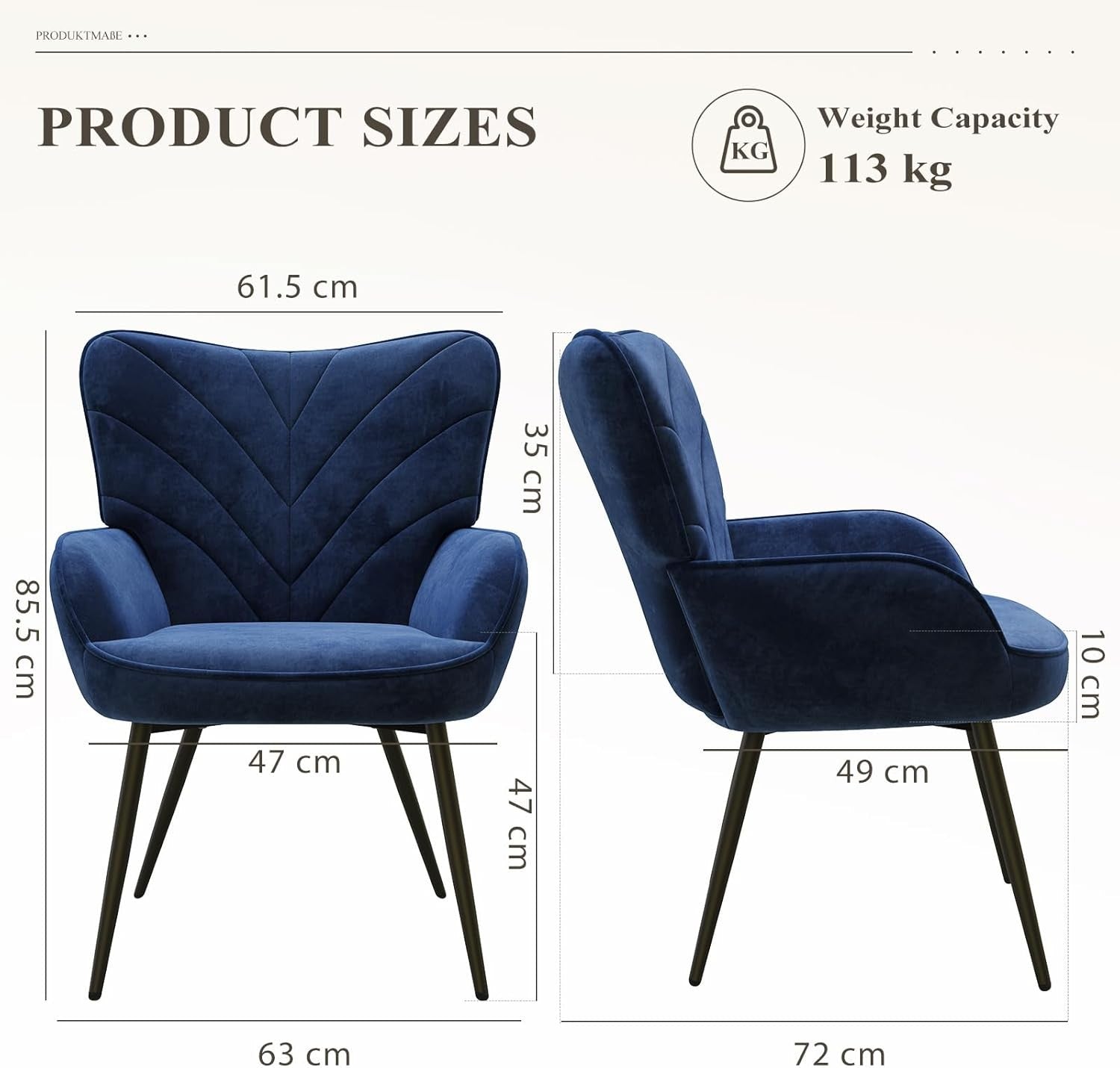 Blue Velvet Accent Chair Armchair Black Metal Legs Wide Seat