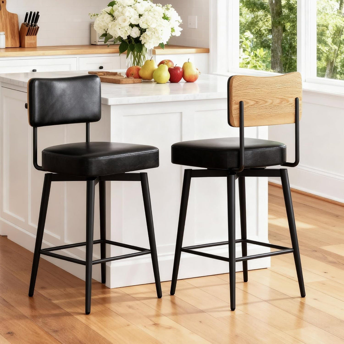 Swivel Bar Stools Set of 2 | Black PU Leather L-Shaped Counter Chairs