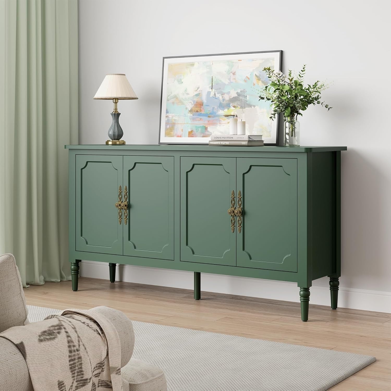 58" Mid Century Sideboard Cabinet with Adjustable Shelves, Green Finish