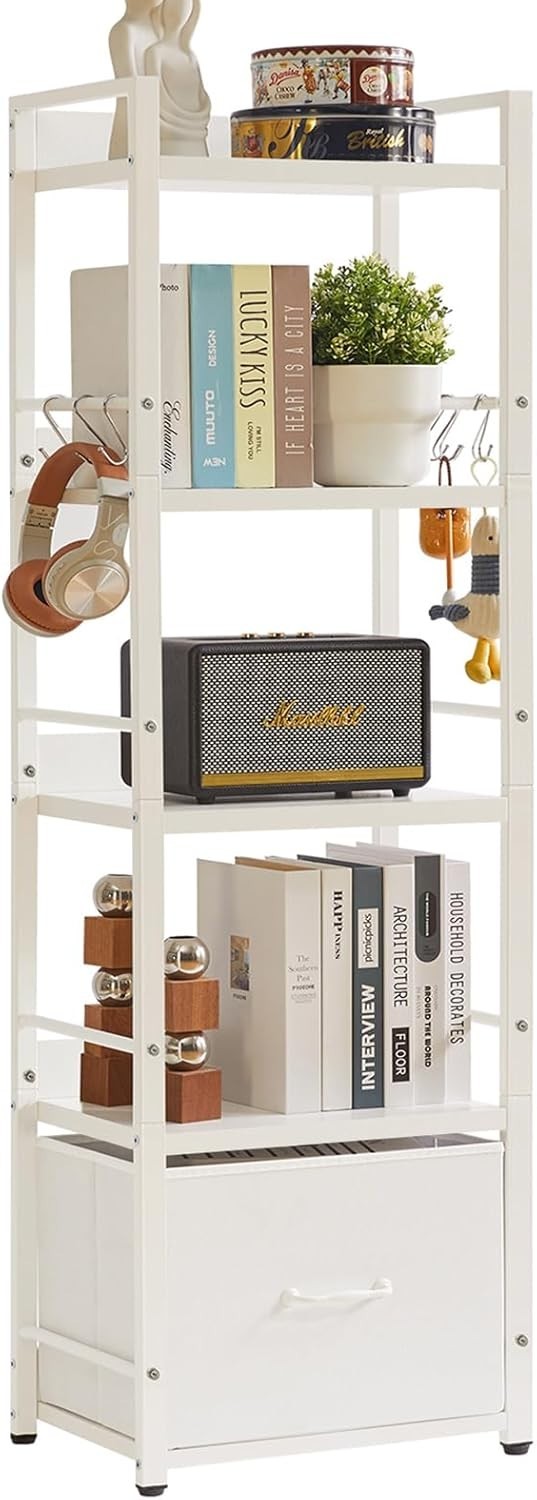 5 Tier Ladder Shelf Bookcase With Drawer Space Saving Steel Frame White