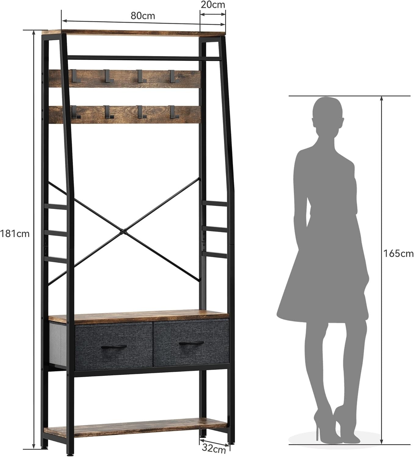 Rustic Brown Hall Tree Coat Rack | Bench with Shoe Storage & Drawers Organizer