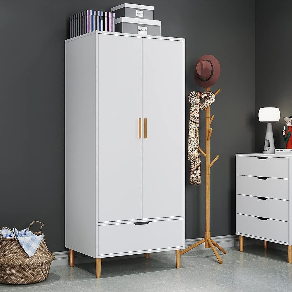 White 2 Door Wardrobe with Drawer & Rail – Modern Tall Clothes Storage
