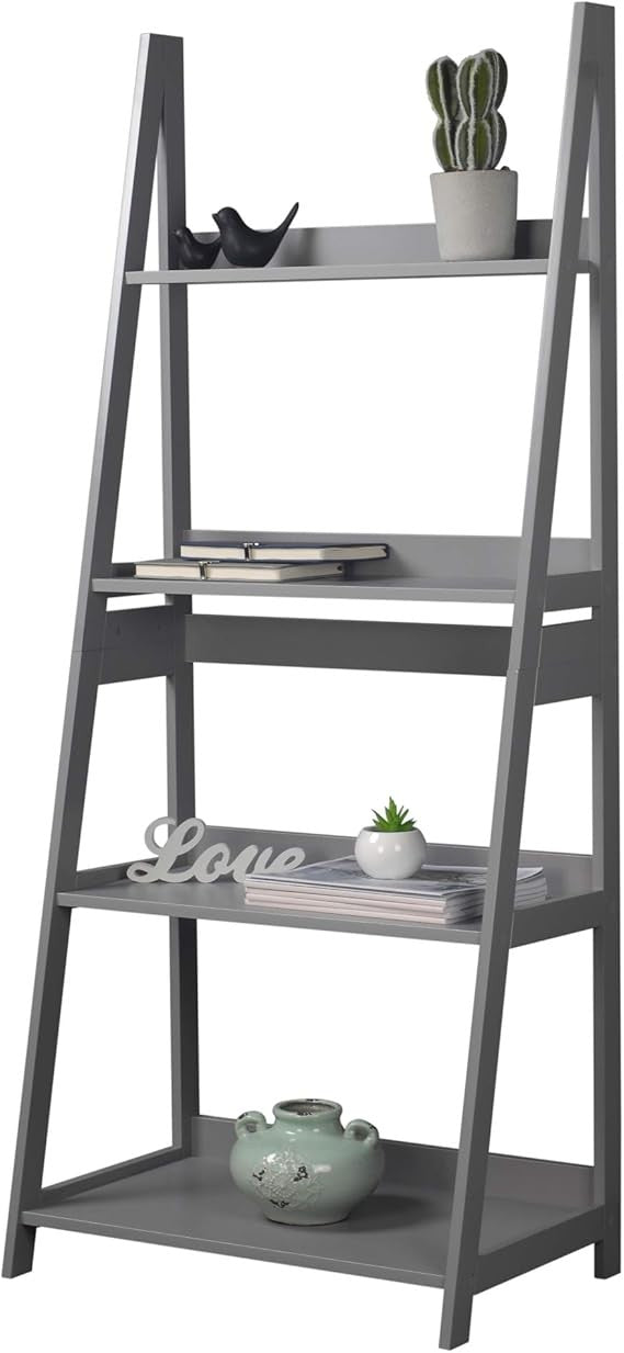 Modern Grey 4-Tier Ladder Shelf Unit – Tall Display Storage Rack for Home