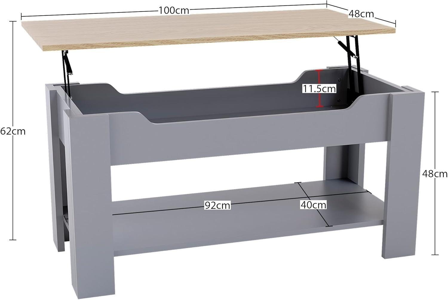 Lift-Up Coffee Table with Hidden Storage & Shelf 100x48x48-60cm Oak Grey