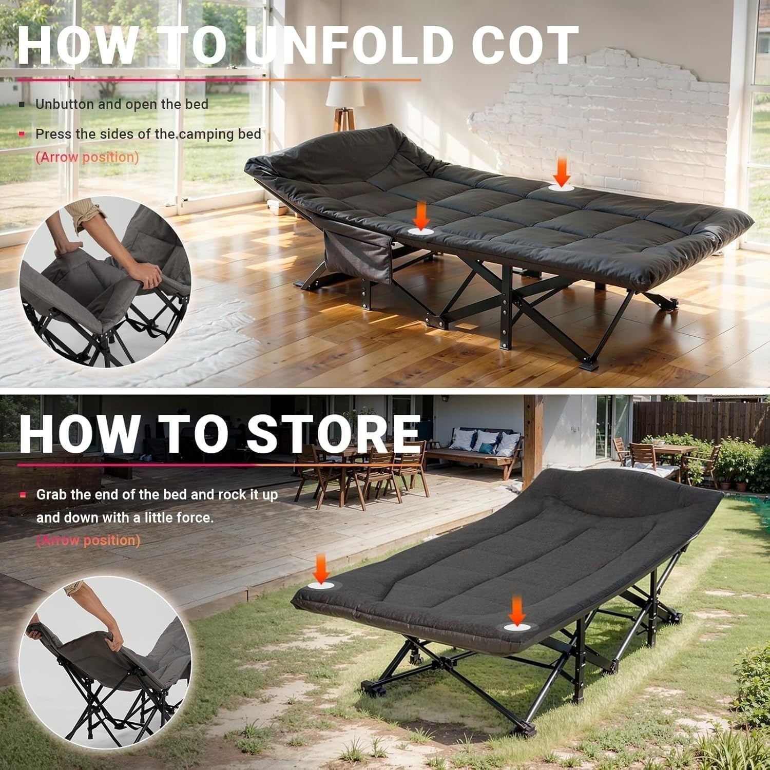 Extra Wide Folding Camping Bed with Cushion & Pillow - Portable Outdoor Cot