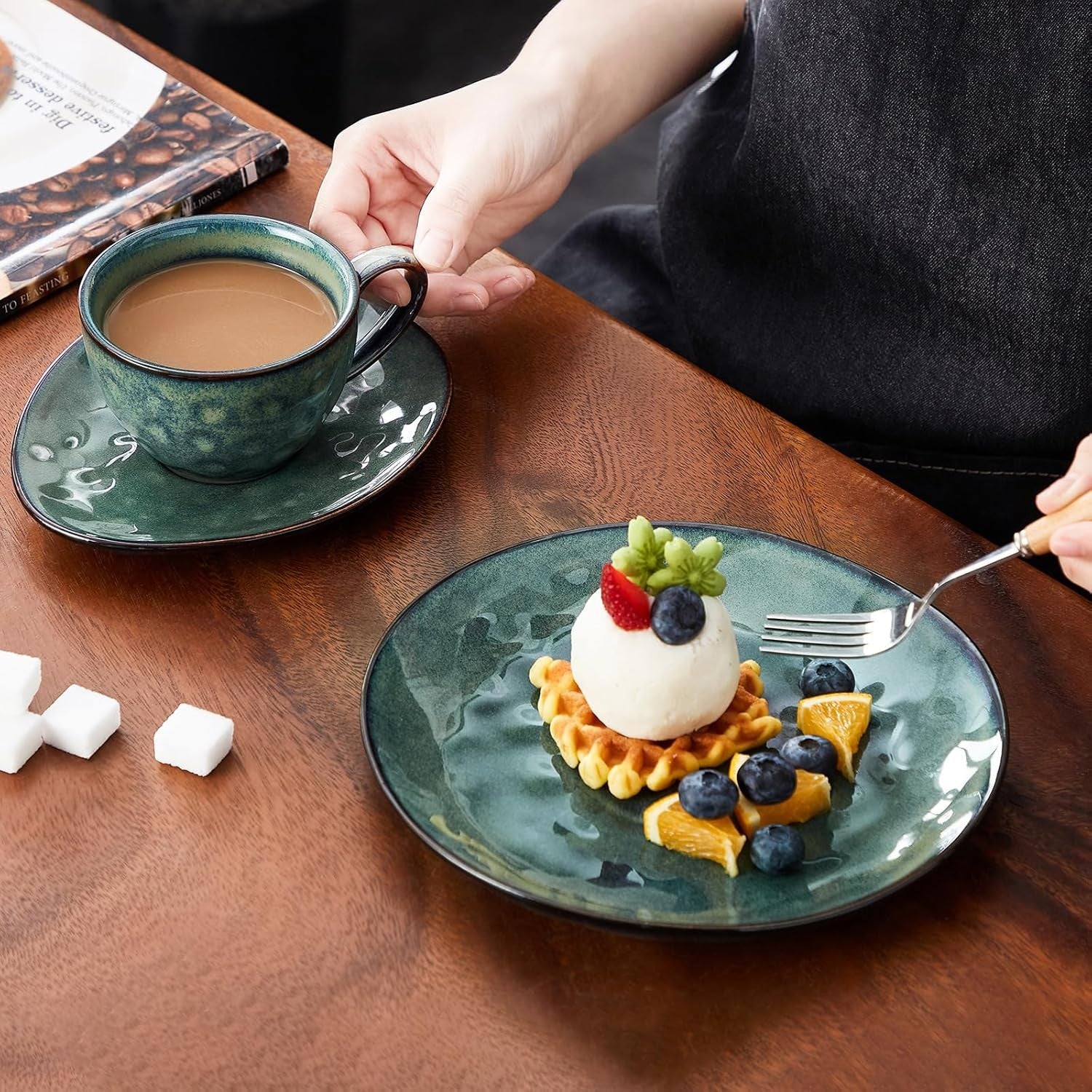 12pc Ceramic Tea Cup Saucer & Dessert Plate Set 270ml Green