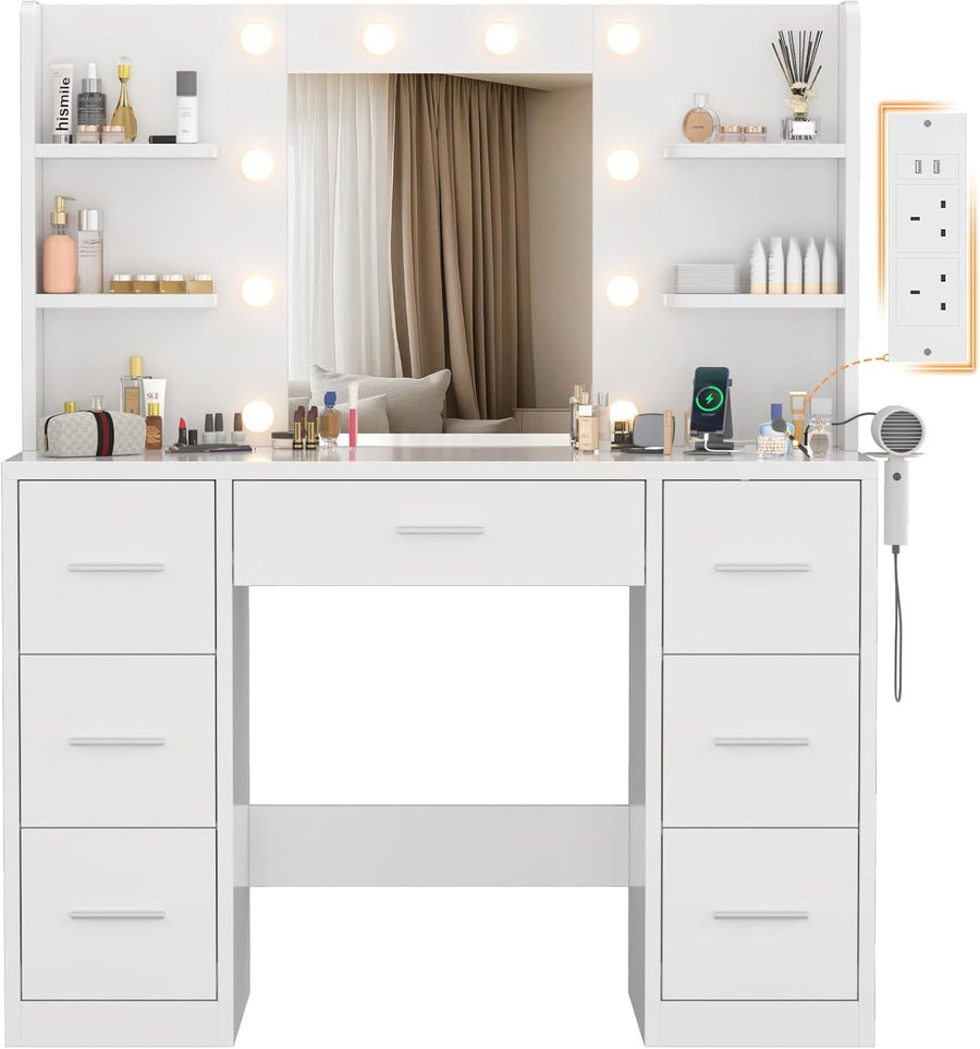 White Dressing Table Vanity Makeup Desk 7 Drawers LED Lights Mirror Power Outlet
