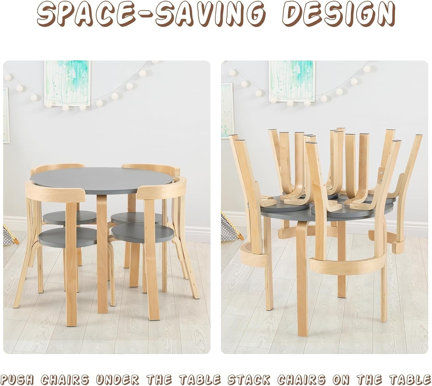 Kids Table & 4 Chairs Set Solid Wood Stackable Ergonomic Grey Furniture