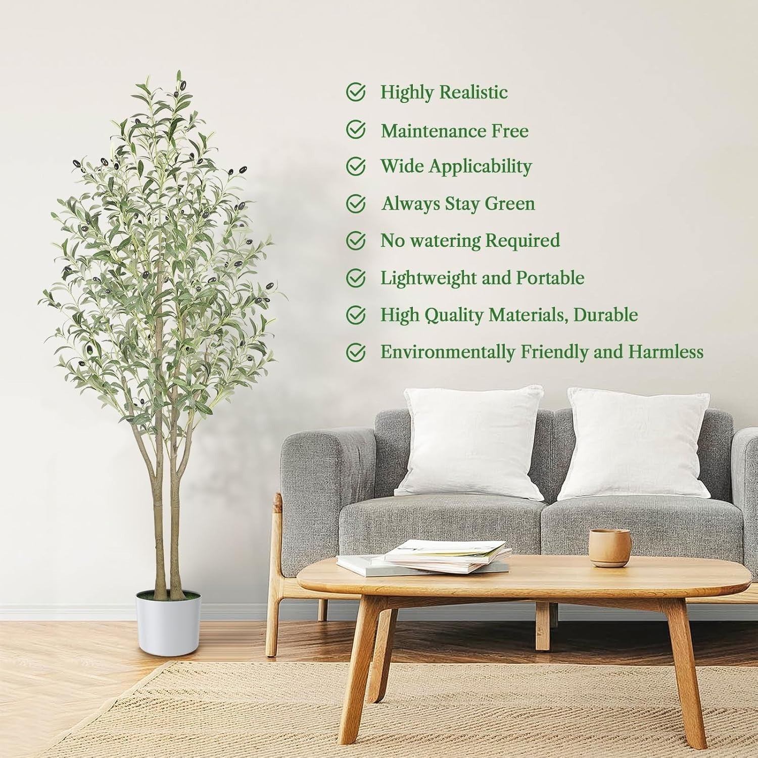 7FT Faux Olive Tree Tall White Pot Natural Wood Trunk Indoor Room Floor Decor