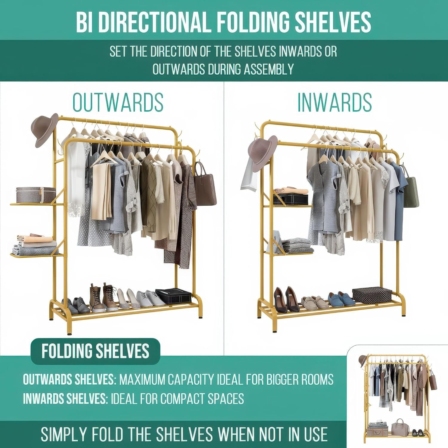 Gold Heavy Duty Clothes Rail 100KG With Folding Shelves