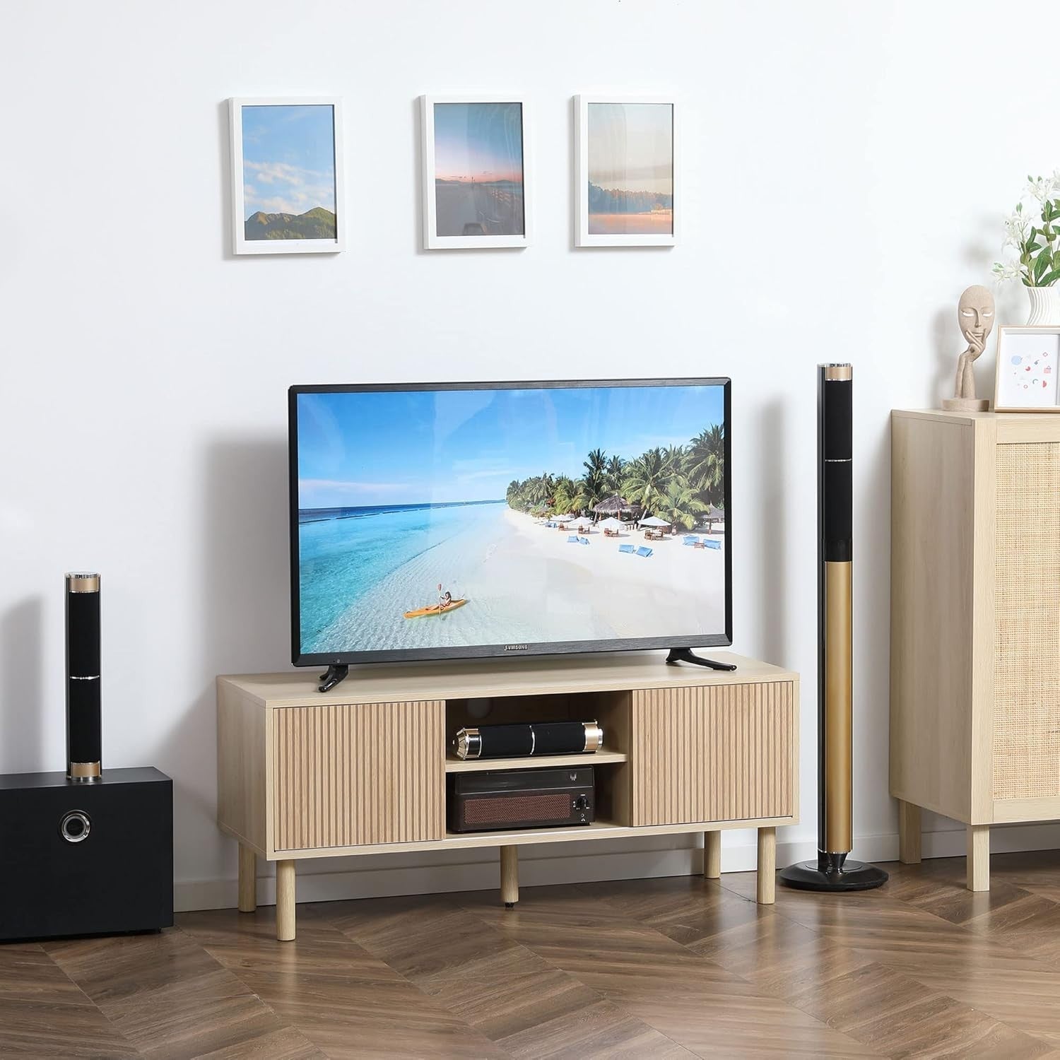Modern Wood TV Unit Cabinet Stand with Storage Shelves & Sliding Doors