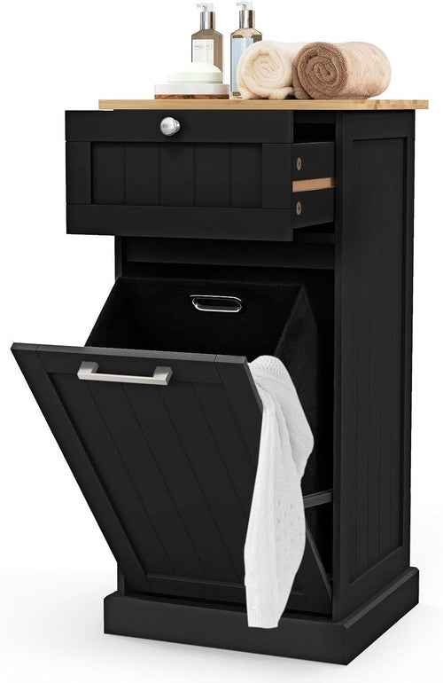 Black Tilt-Out Laundry Hamper Cabinet with Drawer 30L Basket Bathroom Unit