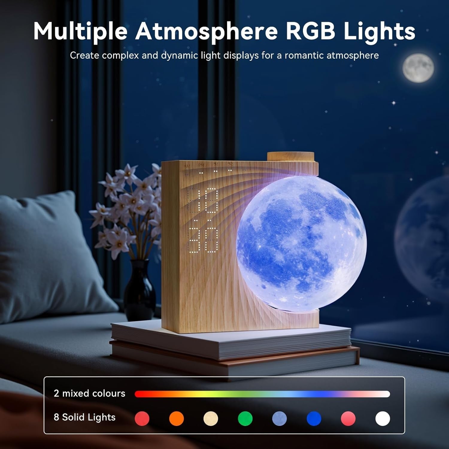 Warm White 3D Moon Light Alarm Clock Sunrise RGB Night Lamp Dual Alarm