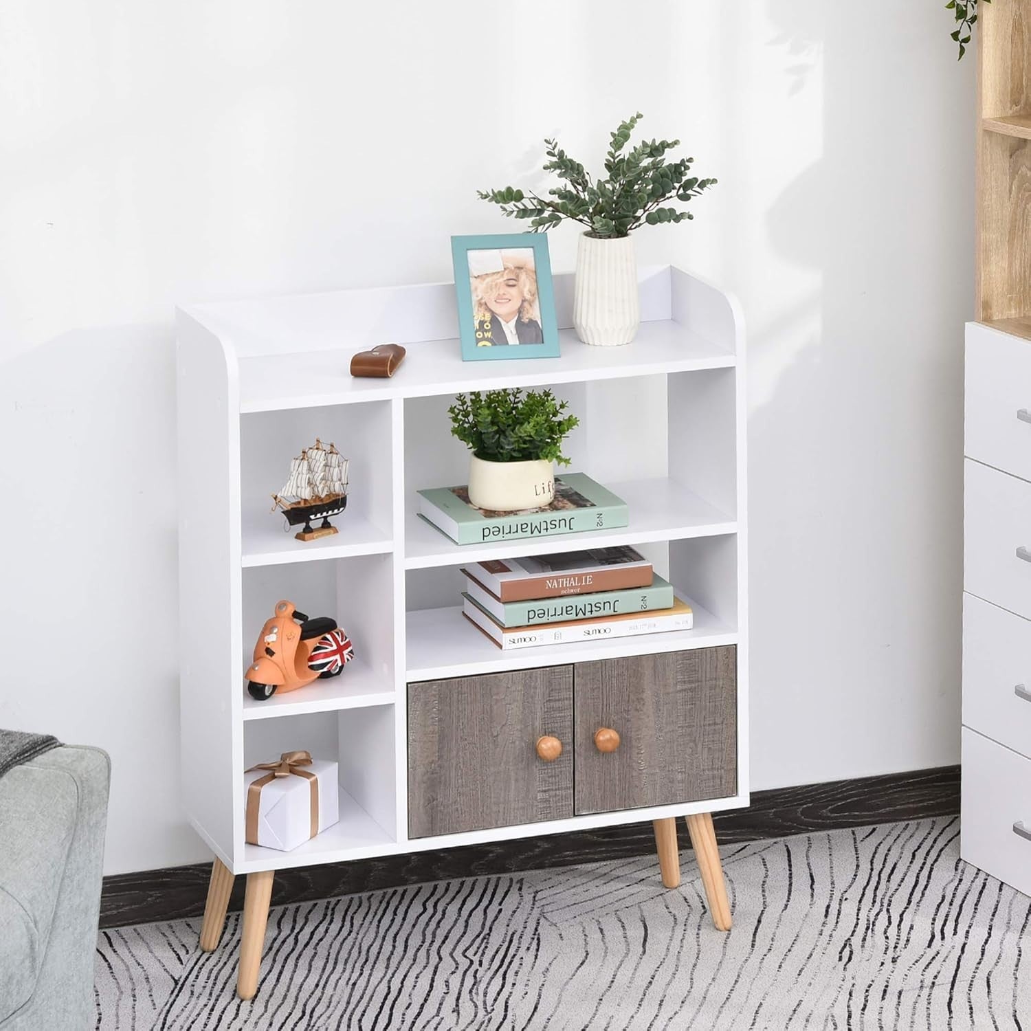 Modern 6-Shelf White & Grey Bookcase with Storage Cabinet | 91cm High