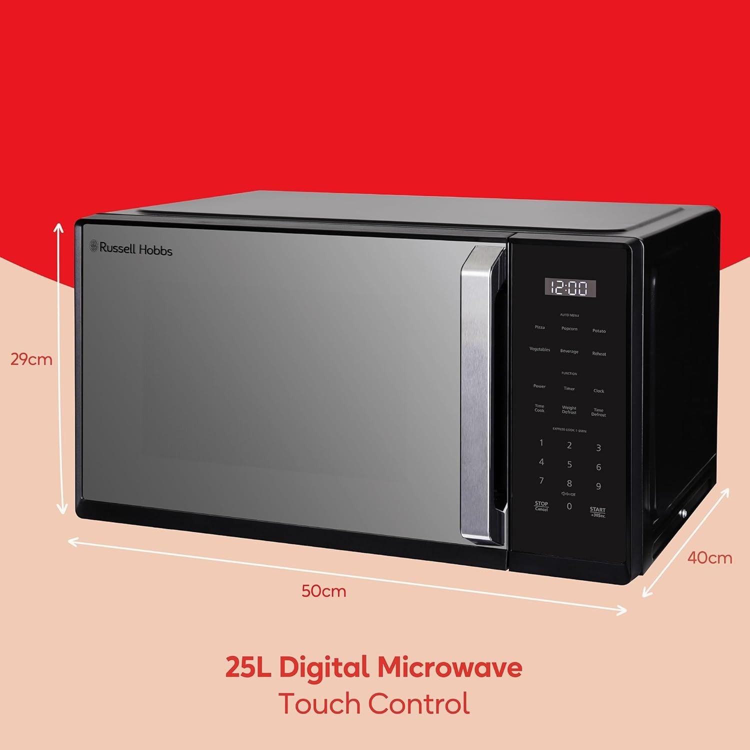 25L Digital Microwave 900W 10 Power Levels Touch Control Black