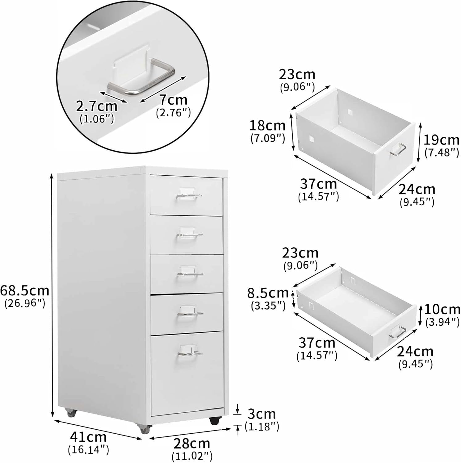 Slim White Metal Rolling Cabinet 5 Drawer Mobile File Storage