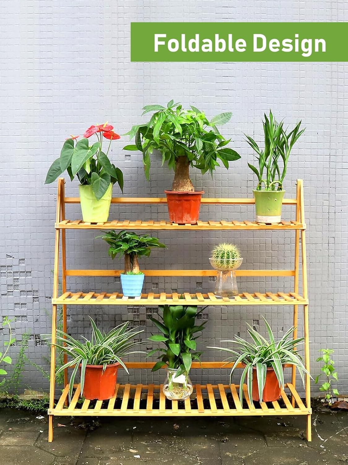 3 Tier Bamboo Ladder Plant Stand | Foldable Indoor Outdoor Flower Pot Shelf