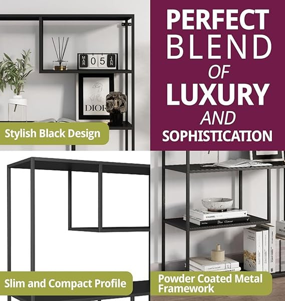 Tall Black Metal Display Shelf – 4-Tier Large Storage Unit for Living Room