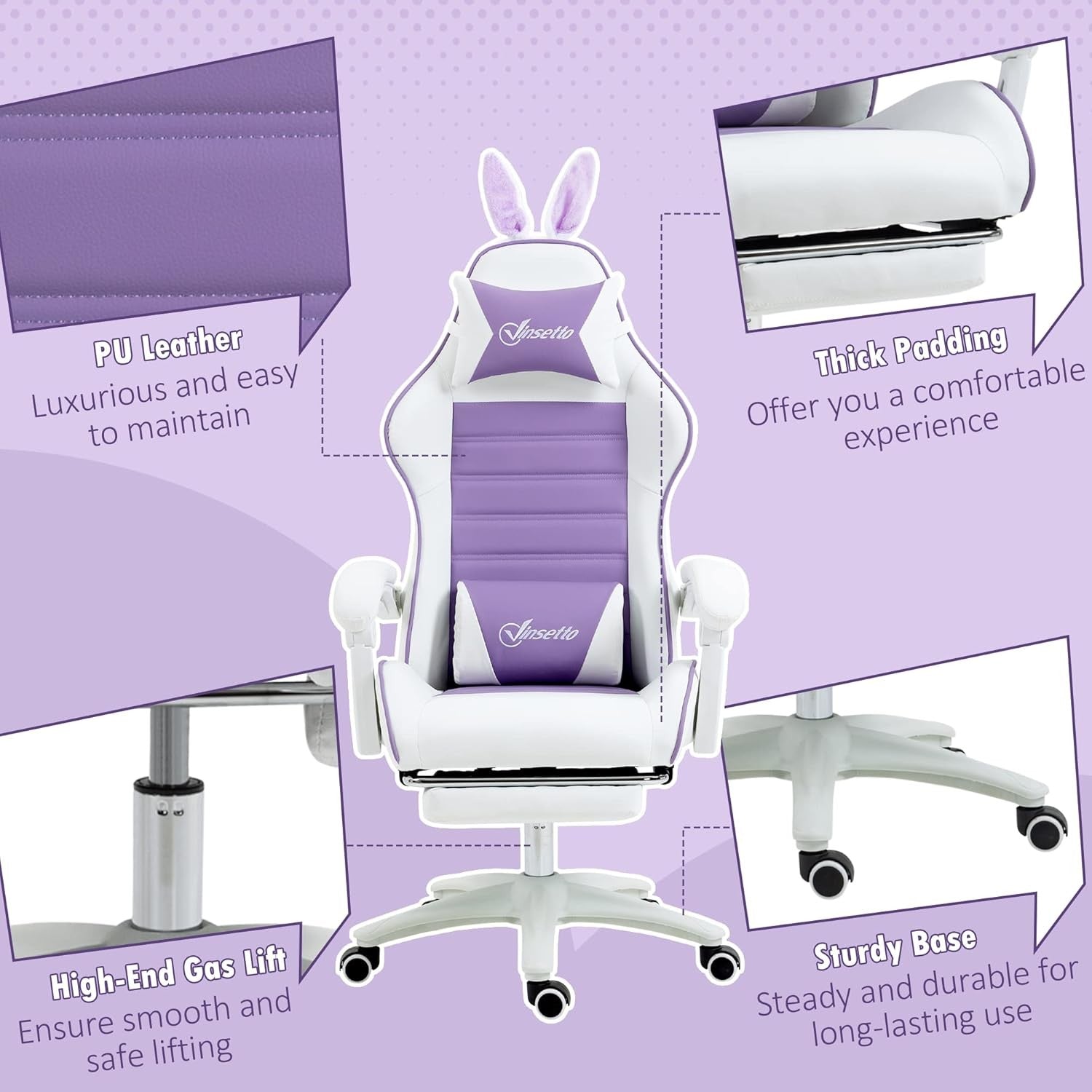 Reclining Gaming Chair w/ Footrest Bunny Ears PU Leather