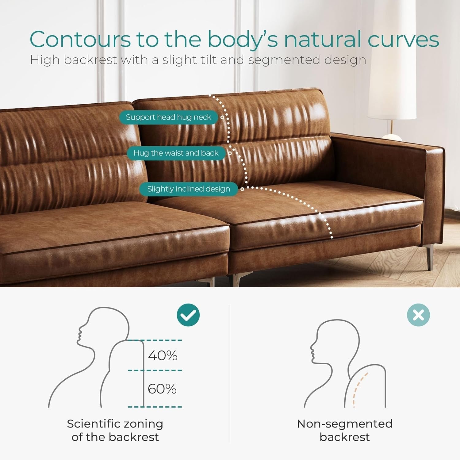 Luxury Brown Leather Sofa 3 Seater Modern Chesterfield Metal Legs 220cm